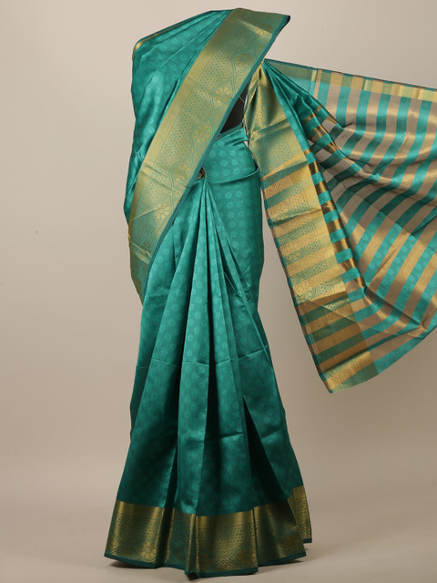 

Pothys Green & Gold-Coloured Ethnic Motifs Embossed Zari Jute Silk Saree