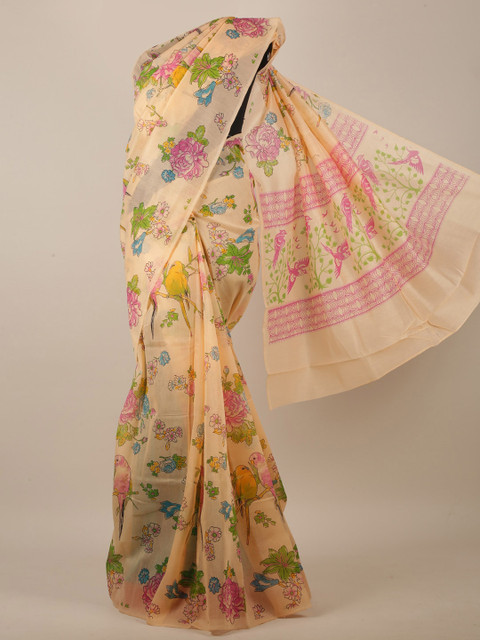 

Pothys Peach-Coloured & Pink Floral Printed Saree