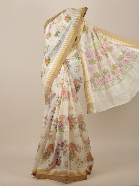 

Pothys Women Cream-Coloured Cotton Blend Floral Printed Saree