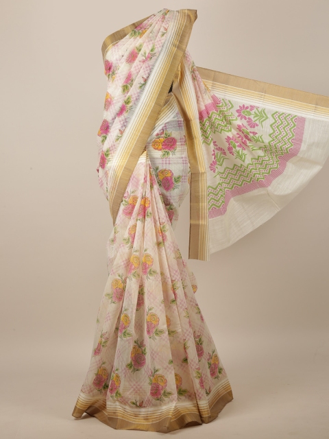 

Pothys Women Cream-Coloured Cotton Blend Floral Printed Saree