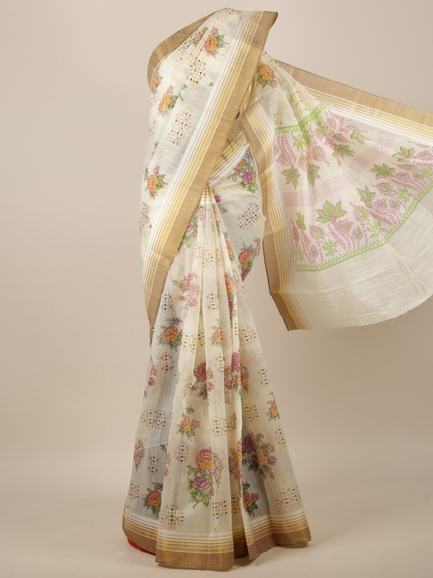 

Pothys Women Cream-Coloured Cotton Blend Floral Printed Saree
