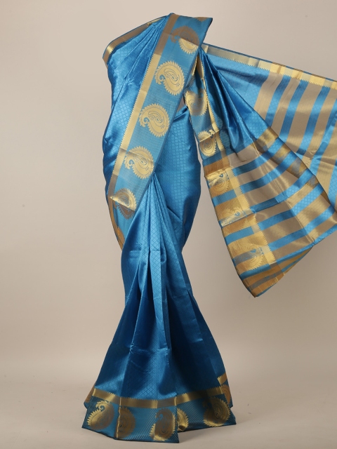 

Pothys Women Blue & Gold-Toned Paisley Woven Designed Saree