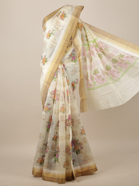 

Pothys Women Cream-Coloured Cotton Blend Floral Printed Saree