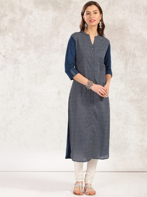 

Anouk Navy Printed Straight Kurta, Navy blue