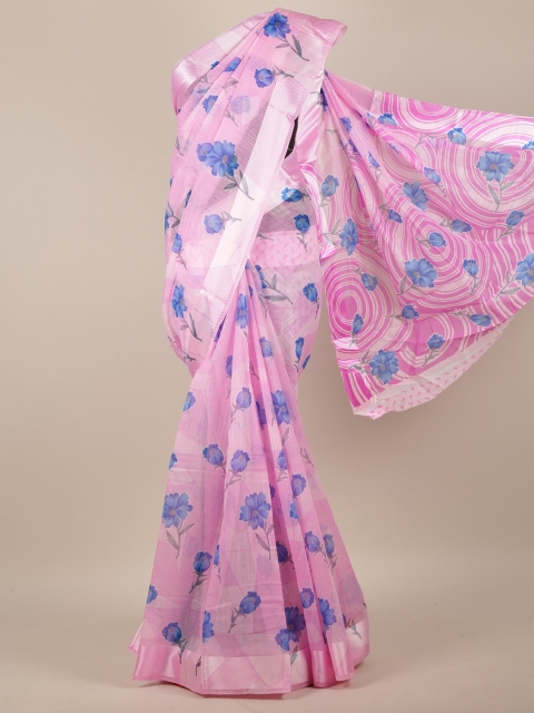 

Pothys Women Pink & Blue Cotton Blend Floral Printed Saree