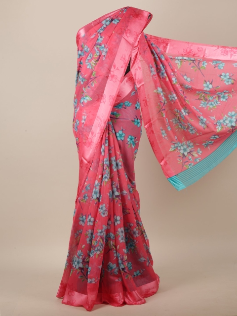 

Pothys Women Pink & Blue Cotton Blend Floral Printed Saree