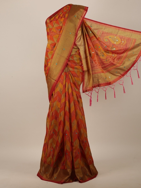 

Pothys Women Multicoloured Jute Silk Geometric Mirror Worked Saree, Rust