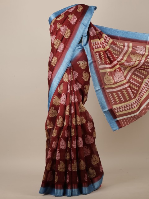 

Pothys Women Maroon & Blue Cotton Blend Ethnic Motifs Printed Saree