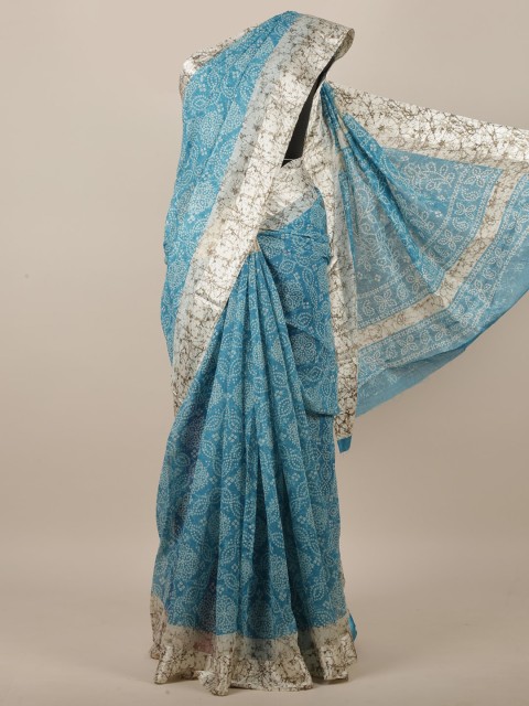 

Pothys Women Blue & Cream-Coloured Cotton Blend Bandhani Printed Saree