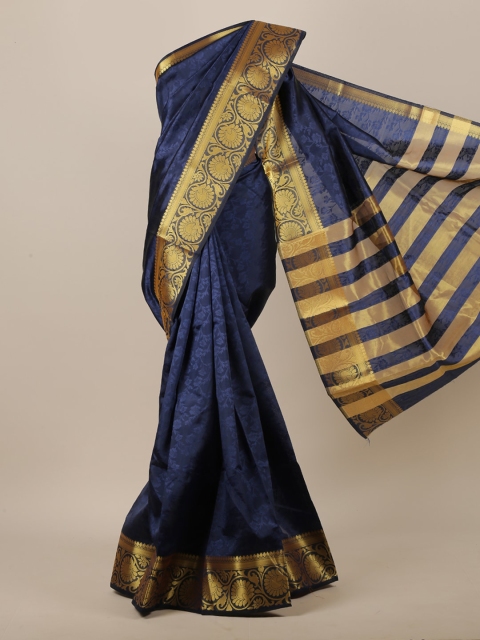 

Pothys Navy Blue & Gold-Toned Ethnic Motifs Woven Designed Saree
