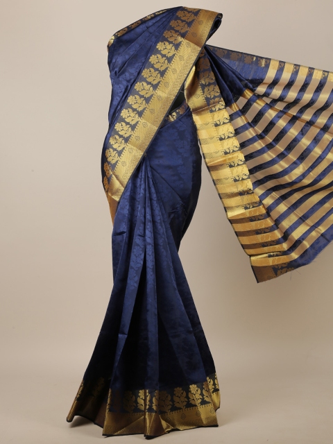 

Pothys Navy Blue & Gold-Toned Ethnic Motifs Woven Designed Saree