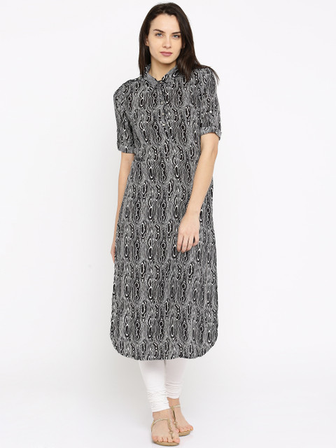 

Anouk Women Black & White Printed Straight Kurta