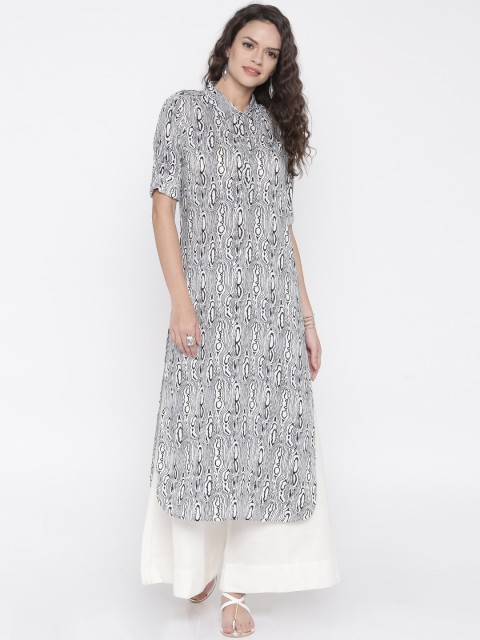 

Anouk Women Off-White & Navy Printed Straight Kurta