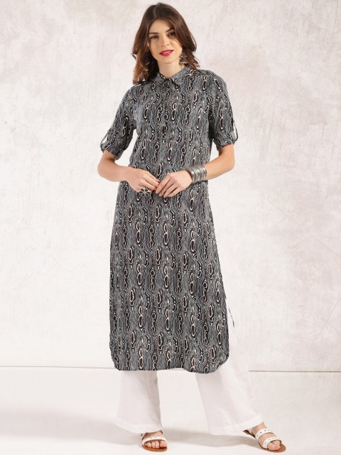 

Anouk Women Navy & White Printed Straight Kurta, Navy blue