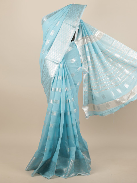 

Pothys Blue & Silver-Toned Woven Design Zari Saree