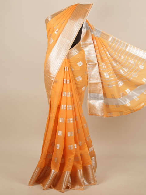 

Pothys Orange & Silver-Toned Zari Cotton Blend Saree