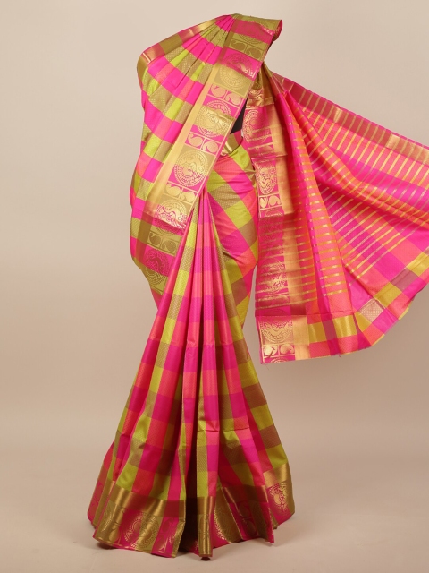 

Pothys Pink & Green Checked Zari Jute Silk Saree