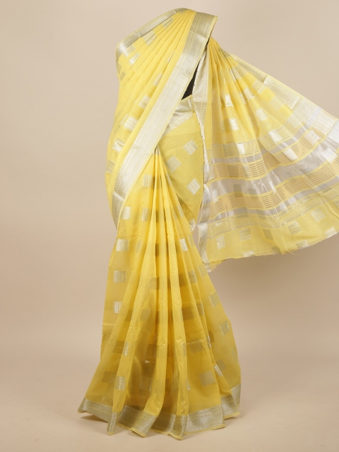 

Pothys Yellow & Silver-Toned Woven Design Zari Saree