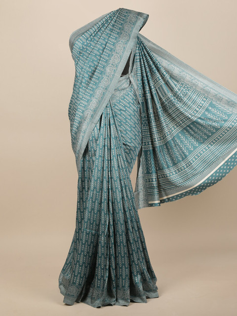 

Pothys Green & White Ethnic Motifs Jute Silk Saree
