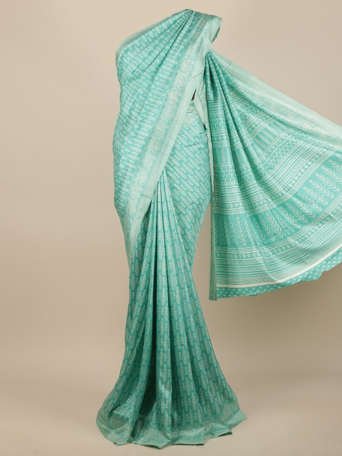 

Pothys Sea Green & White Ethnic Motifs Jute Silk Saree