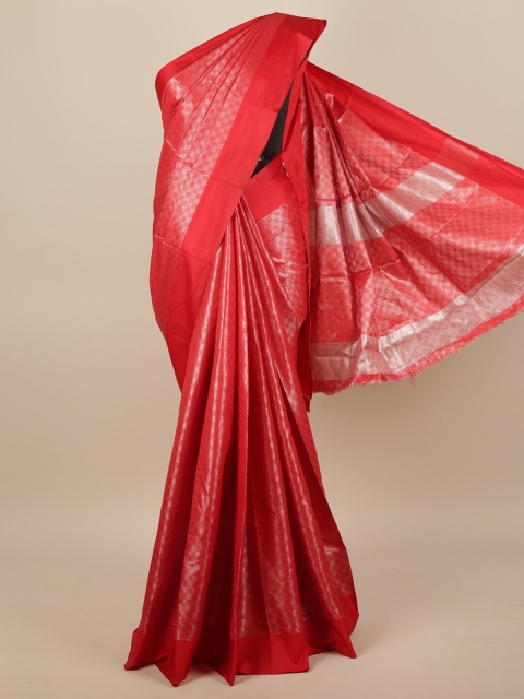 

Pothys Red & Silver-Toned Checked Zari Jute Silk Saree