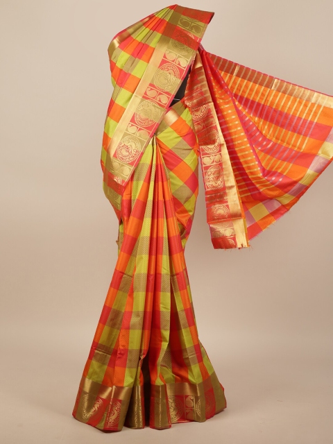 

Pothys Orange & Green Checked Zari Jute Silk Saree