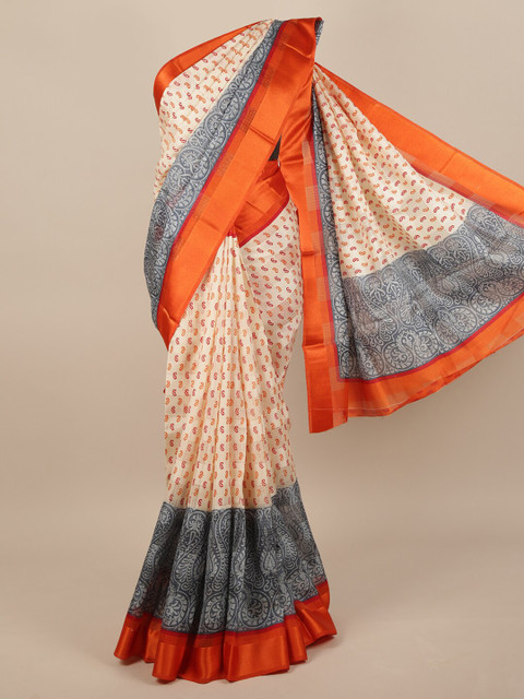 

Pothys Cream-Coloured & Grey Paisley Saree