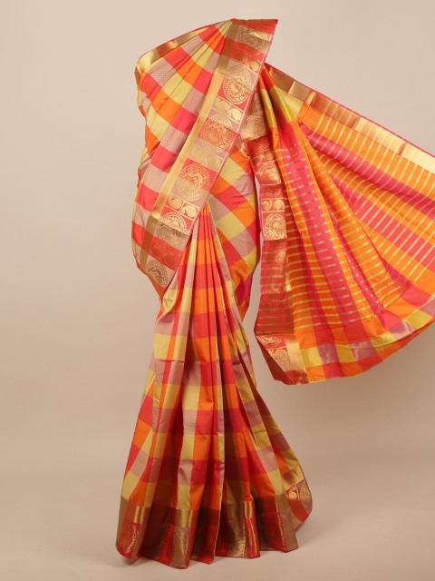 

Pothys Red & Yellow Checked Zari Jute Silk Saree
