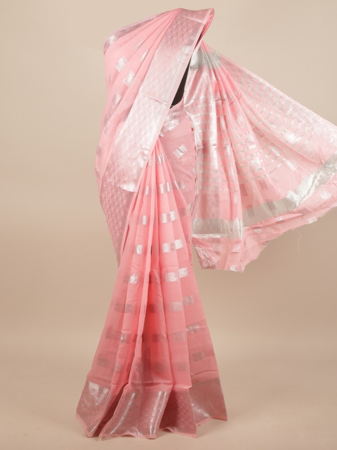 

Pothys Pink & Silver-Toned Woven Design Zari Cotton Blend Saree