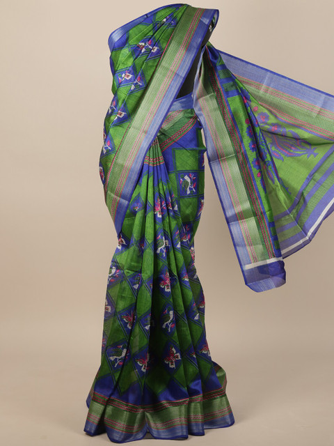 

Pothys Green & Blue Zari Cotton Blend Saree