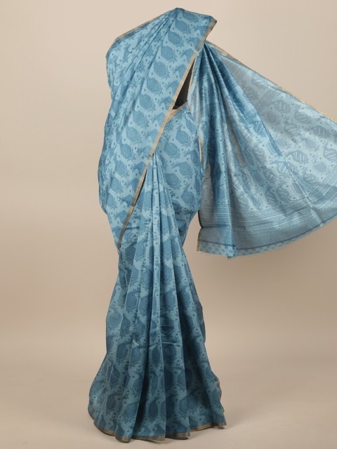 

Pothys Blue & Gold-Toned Paisley Printed Zari Saree