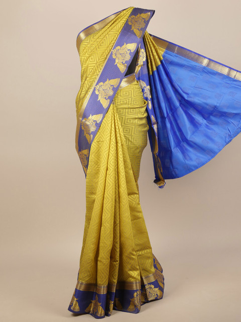 

Pothys Green & Blue Geometric Embossed Zari Jute Silk Saree