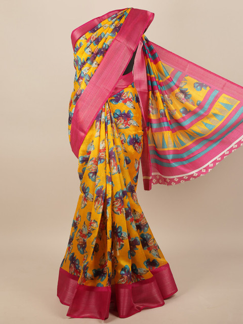 

Pothys Women Yellow & Pink Cotton Blend Floral Printed Saree