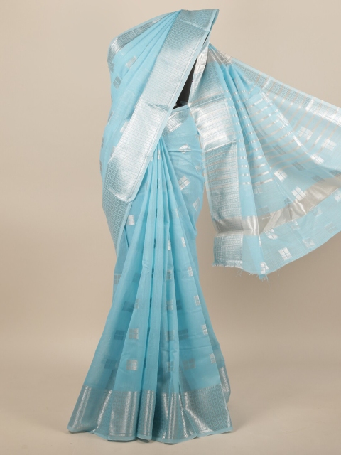 

Pothys Turquoise Blue & Silver-Toned Ethnic Motifs Zari Saree
