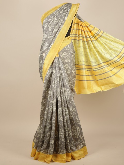 

Pothys Grey & Yellow Jute Silk Ethnic Motifs Printed Saree
