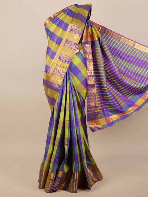 

Pothys Multicoloured & Green Checked Zari Jute Silk Saree, Multi