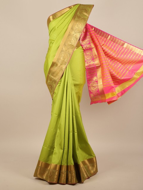 

Pothys Green & Pink Geometric Embossed Zari Jute Silk Saree