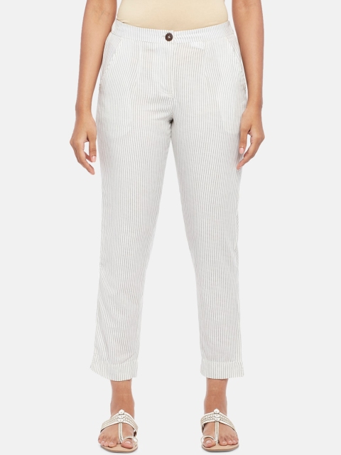 

AKKRITI BY PANTALOONS Women Off White Striped Trousers