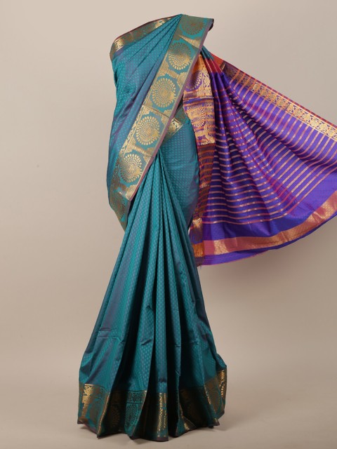 

Pothys Jute Silk Green & Blue Ethnic Motifs Woven Designed Saree