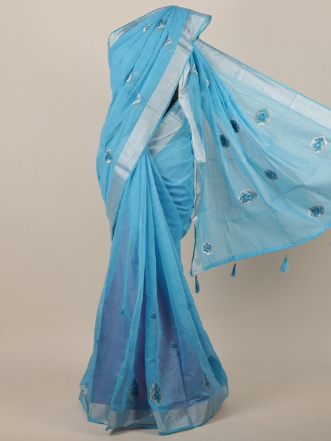 

Pothys Blue & Silver-Toned Cotton Blend Ethnic Motifs Embroidered Saree