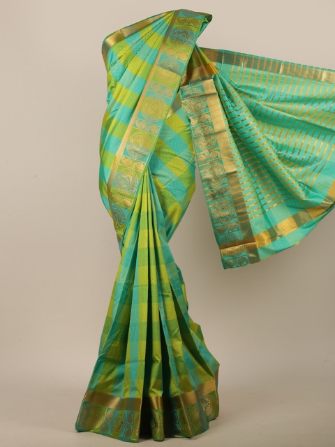 

Pothys Women Turquoise Blue & Green Jute Silk Checked Saree