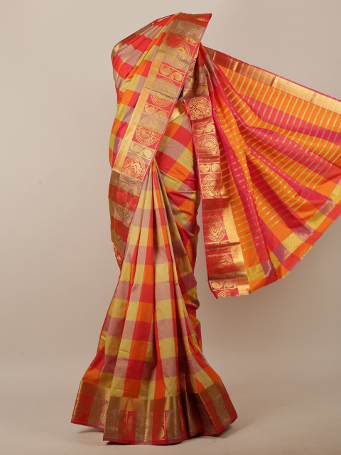 

Pothys Women Red & Gold-Toned Jute Silk Checked Saree