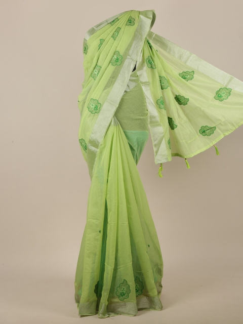 

Pothys Women Green & Silver-Toned Cotton Blend Floral Embroidered Saree