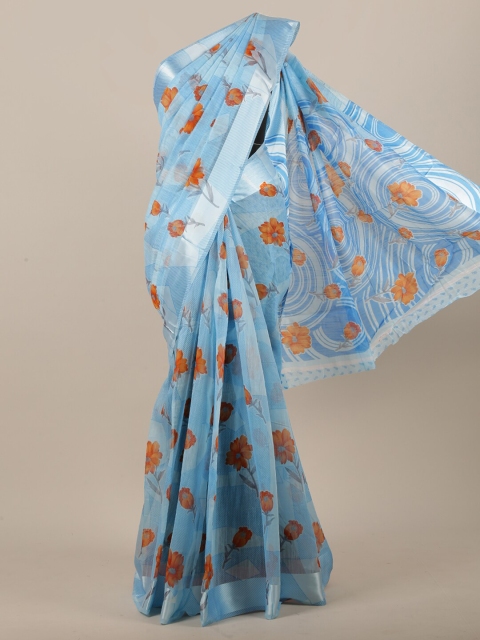 

Pothys Women Blue & Orange Cotton Blend Floral Printed Saree