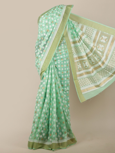 

Pothys Women Green & Gold-Toned Cotton Blend Polka Dots Printed Saree
