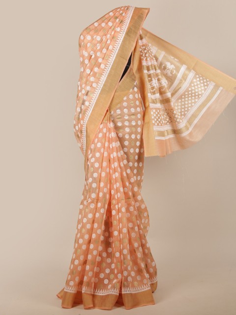 

Pothys Women Peach-Coloured & Gold-Toned Cotton Blend Polka Dots Printed Saree