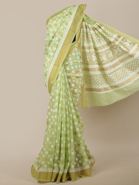 

Pothys Women Green & Gold-Toned Cotton Blend Polka Dots Printed Saree
