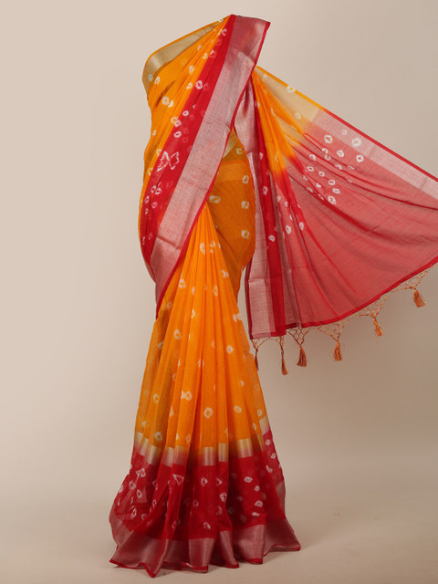

Pothys Women Yellow & Red Jute Silk Tie-Dye Printed Saree
