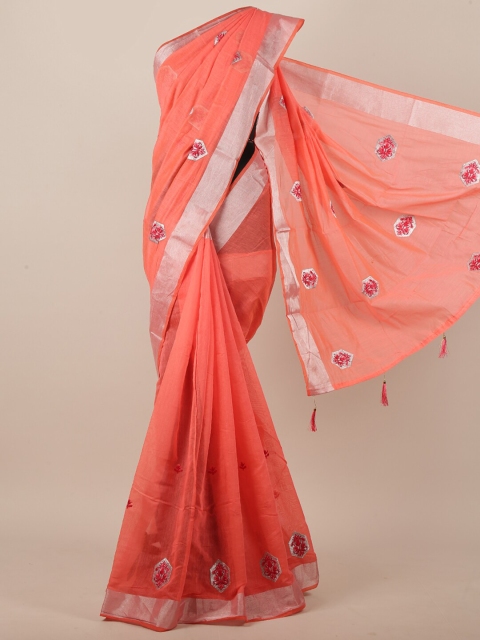 

Pothys Orange & Silver-Toned Cotton Blend Ethnic Motifs Embroidered Saree