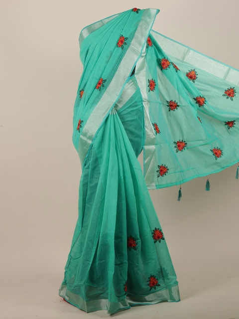 

Pothys Women Green & Silver-Toned Cotton Blend Floral Embroidered Saree